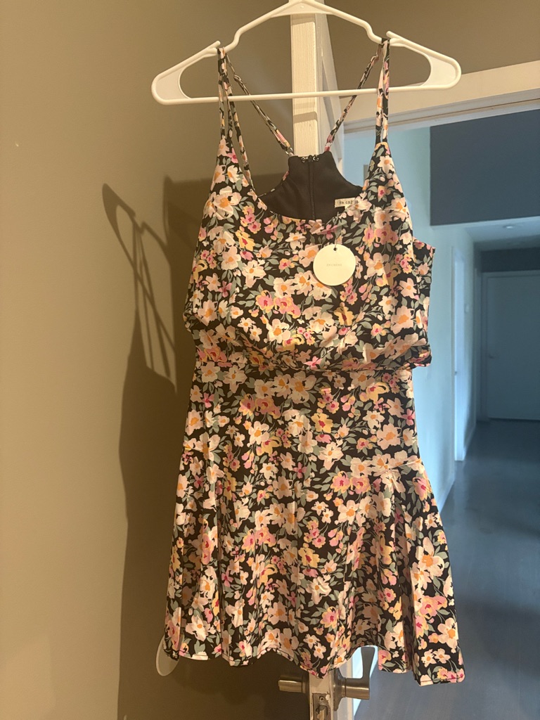 En Creme Black Floral Spaghetti Strap Dress With Pink & Cream Blooms